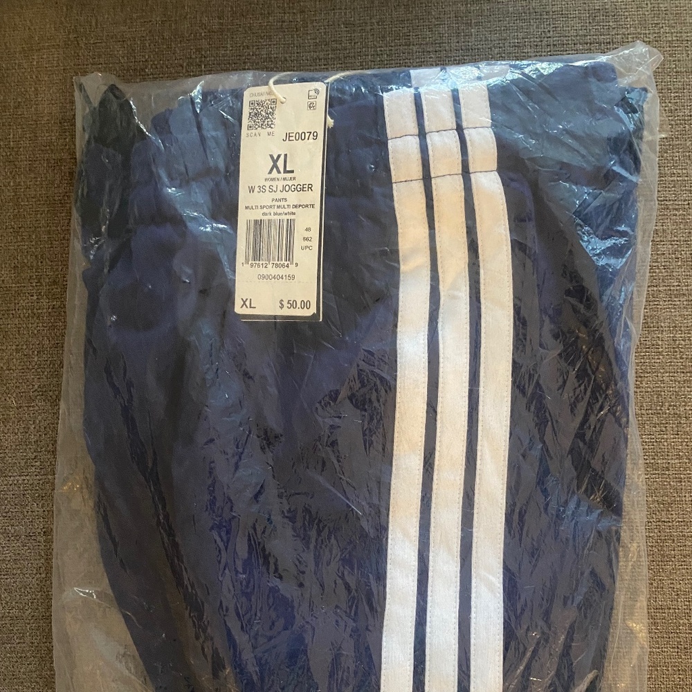 New with tag Adidas women’s XL jogger pants dark blue and white stripe